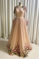 Prom Dresses Long Light Blue, A Line Tulle Long Prom Dress with Flowers, Pink Long Sleeves Party Dress with Beading
