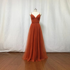 Prom Dresses Brands, Burnt Orange Tulle Bridesmaid Dress, 2024 Spaghetti Straps Boho