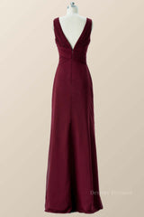 Prom Dress Colorful, Pleated Burgundy Chiffon Long Bridesmaid Dress