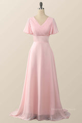 Bridesmaid Dresses Elegant, Pleated Pink Flare Sleeves Chiffon Long Bridesmaid Dress
