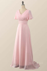 Bridesmaid Dress Colors, Pleated Pink Flare Sleeves Chiffon Long Bridesmaid Dress