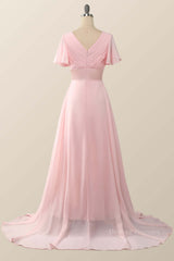 Bridesmaid Dresses Wedding, Pleated Pink Flare Sleeves Chiffon Long Bridesmaid Dress