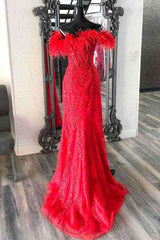 Formal Dress Fashion, Plunging V-Neck Red Feather Shoulder Long Prom Dress Gala Evening Gown