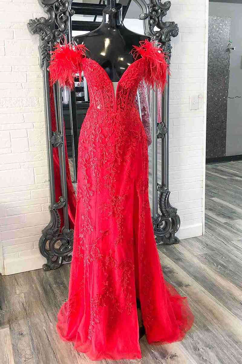 Formal Dress Outfit Ideas, Plunging V-Neck Red Feather Shoulder Long Prom Dress Gala Evening Gown