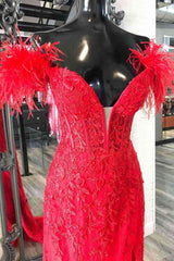 Formal Dresses Fashion, Plunging V-Neck Red Feather Shoulder Long Prom Dress Gala Evening Gown