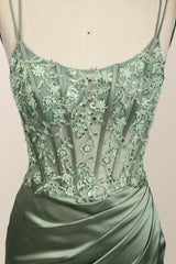 Open Back Prom Dress, Sage Green Lace Appliques Mermaid Long Formal Dress