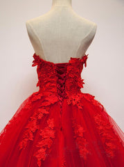 Party Dresses For Wedding, Pretty Red Sweetheart Strapless Ball Gown Applique Tulle Long Prom Dress,Party Dresses