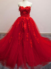 Party Dresses For Weddings, Pretty Red Sweetheart Strapless Ball Gown Applique Tulle Long Prom Dress,Party Dresses