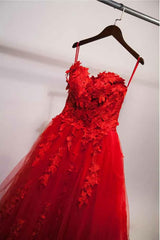 Party Dress Summer, Pretty Red Sweetheart Strapless Ball Gown Applique Tulle Long Prom Dress,Party Dresses