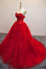 Party Dress For Wedding, Pretty Red Sweetheart Strapless Ball Gown Applique Tulle Long Prom Dress,Party Dresses