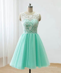 Prom Dress 2049, Pretty Round-Neck Lace Tulle Short Green Prom Dresses, Lace Homecoming Dresses