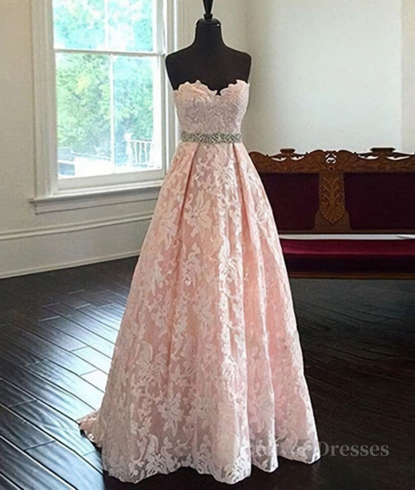 Prom Dress With Sleeve, Pretty Sweetheart Neck Pink Lace Prom Dresses, Pink Evening Dresses