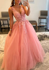 Bridesmaid Dresses Styles, Princess A-line V Neck Sleeveless Sweep Train Tulle Prom Dress With Appliqued Beading