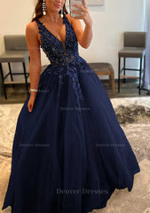 Bridesmaide Dresses Long, Princess A-line V Neck Sleeveless Sweep Train Tulle Prom Dress With Appliqued Beading