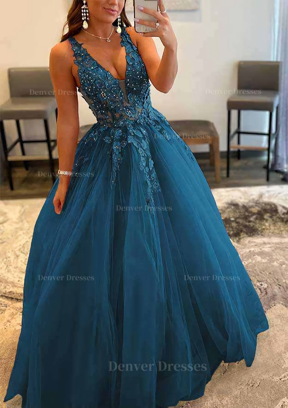 Bridesmaids Dresses On Sale, Princess A-line V Neck Sleeveless Sweep Train Tulle Prom Dress With Appliqued Beading