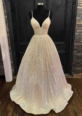 Winter Wedding, Princess A-line V Neck Spaghetti Straps Long/Floor-Length Sequined Prom Dress With Pleated