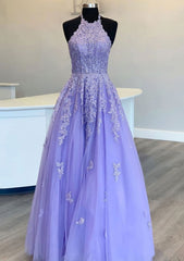 Homecomeing Dresses Bodycon, Princess Halter Long/Floor-Length Lace Tulle Prom Dress With Appliqued Beading