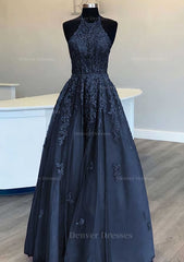 Homecomming Dresses Bodycon, Princess Halter Long/Floor-Length Lace Tulle Prom Dress With Appliqued Beading