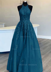 Homecoming Dress Bodycon, Princess Halter Long/Floor-Length Lace Tulle Prom Dress With Appliqued Beading