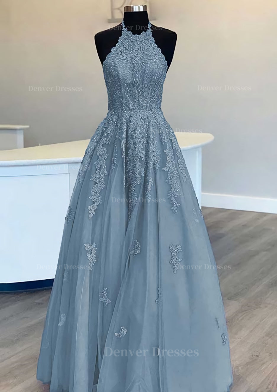 Homecomming Dress With Sleeves, Princess Halter Long/Floor-Length Lace Tulle Prom Dress With Appliqued Beading