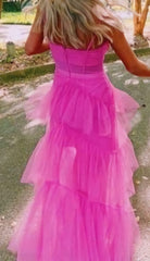 Prom Dress Long, Princess Hot Pink Long Prom Dress Layered Tulle Sleeveless Corset Gown,Evening Dresses
