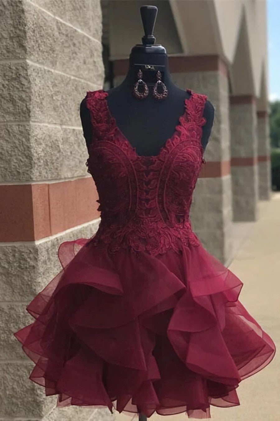 Prom Gown, Princess Lace Appliques Dark Green Homecoming Dress with Flounced,Short Prom Dresses