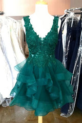 Bridal Dress, Princess Lace Appliques Dark Green Homecoming Dress with Flounced,Short Prom Dresses