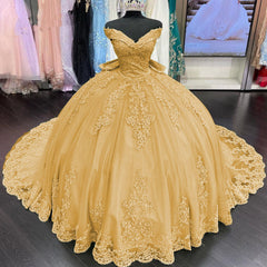 Party Dress With Sleeves, Princess Lace Off Shoulder Gold Quinceanera Dresses Applique With Bow