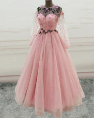 Pink Bridesmaid Dress, Princess Long Sleeves Prom Dresses Tulle Pearls Quinceanera Dress