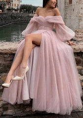 Prom Dress Tulle, Princess Off-the-Shoulder Sweep Train Tulle Prom Dress With Pleated Split
