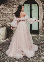 Prom Dresses Tulle, Princess Off-the-Shoulder Sweep Train Tulle Prom Dress With Pleated Split