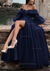 Prom Dress Blue, Princess Off-the-Shoulder Sweep Train Tulle Prom Dress With Pleated Split