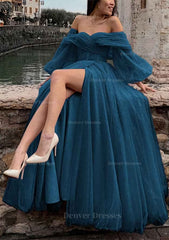 Prom Dresses Blues, Princess Off-the-Shoulder Sweep Train Tulle Prom Dress With Pleated Split