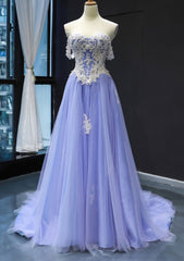 Purple Dress, Princess Off-the-Shoulder Sweep Train Tulle Satin Prom Dress With Appliqued