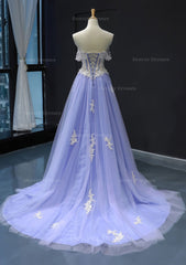 Unique Prom Dress, Princess Off-the-Shoulder Sweep Train Tulle Satin Prom Dress With Appliqued
