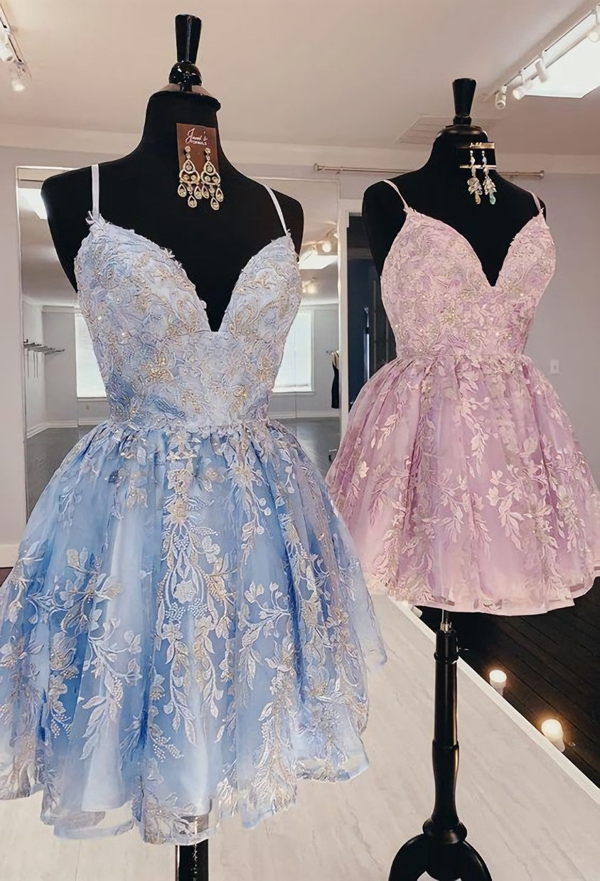Party Dresses Cheap, princess pink short homecoming dresses, light sky blue formal homecoming dresses, lace hoco dresses for teens