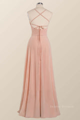 Prom Dress Graduacion, Princess Pink Straps Chiffon A-line Long Bridesmaid Dress