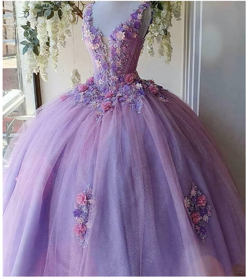 Formal Dressed Long, Princess Tulle Long Prom Dress with Flower,Ball Gowns Quinceanera Dresses