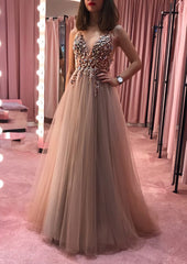 Formal Dress Outfits, Princess V Neck Court Train Tulle Prom Dress With Appliqued Beading