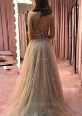 Formal Dresses Lace, Princess V Neck Court Train Tulle Prom Dress With Appliqued Beading