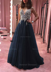 Formal Dress Gown, Princess V Neck Court Train Tulle Prom Dress With Appliqued Beading