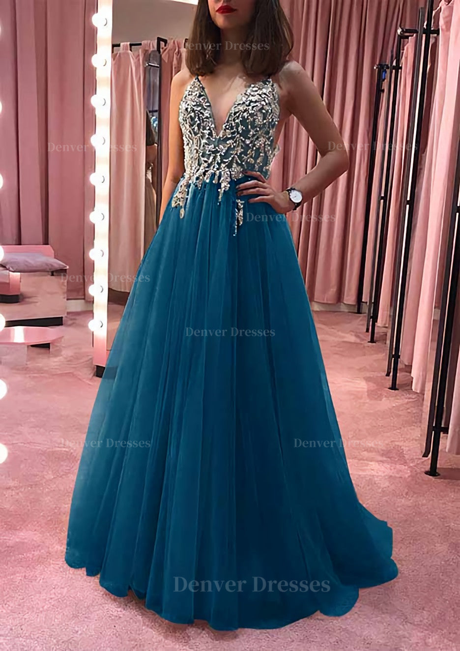 Formal Dresses Gowns, Princess V Neck Court Train Tulle Prom Dress With Appliqued Beading