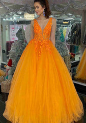Prom Dress Sleeve, Princess V Neck Long/Floor-Length Tulle Prom Dress With Appliqued