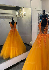 Stunning Dress, Princess V Neck Long/Floor-Length Tulle Prom Dress With Appliqued