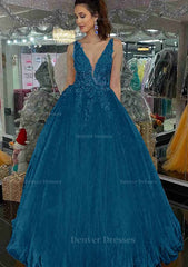 Princess Prom Dress, Princess V Neck Long/Floor-Length Tulle Prom Dress With Appliqued