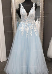 Bridesmaid Dress Vintage, Princess V Neck Long/Floor-Length Tulle Prom Dress With Appliqued Lace