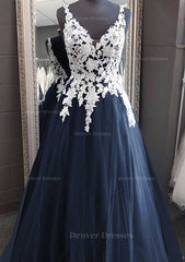Bridesmaids Dresses Vintage, Princess V Neck Long/Floor-Length Tulle Prom Dress With Appliqued Lace