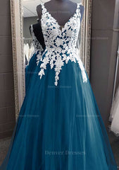 Bridesmaid Dress Winter, Princess V Neck Long/Floor-Length Tulle Prom Dress With Appliqued Lace