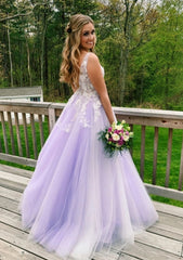 Party Dress On Sale, Princess V Neck Sweep Train Tulle Prom Dress With Appliqued