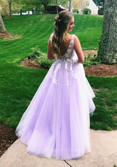 Party Dress Formal, Princess V Neck Sweep Train Tulle Prom Dress With Appliqued